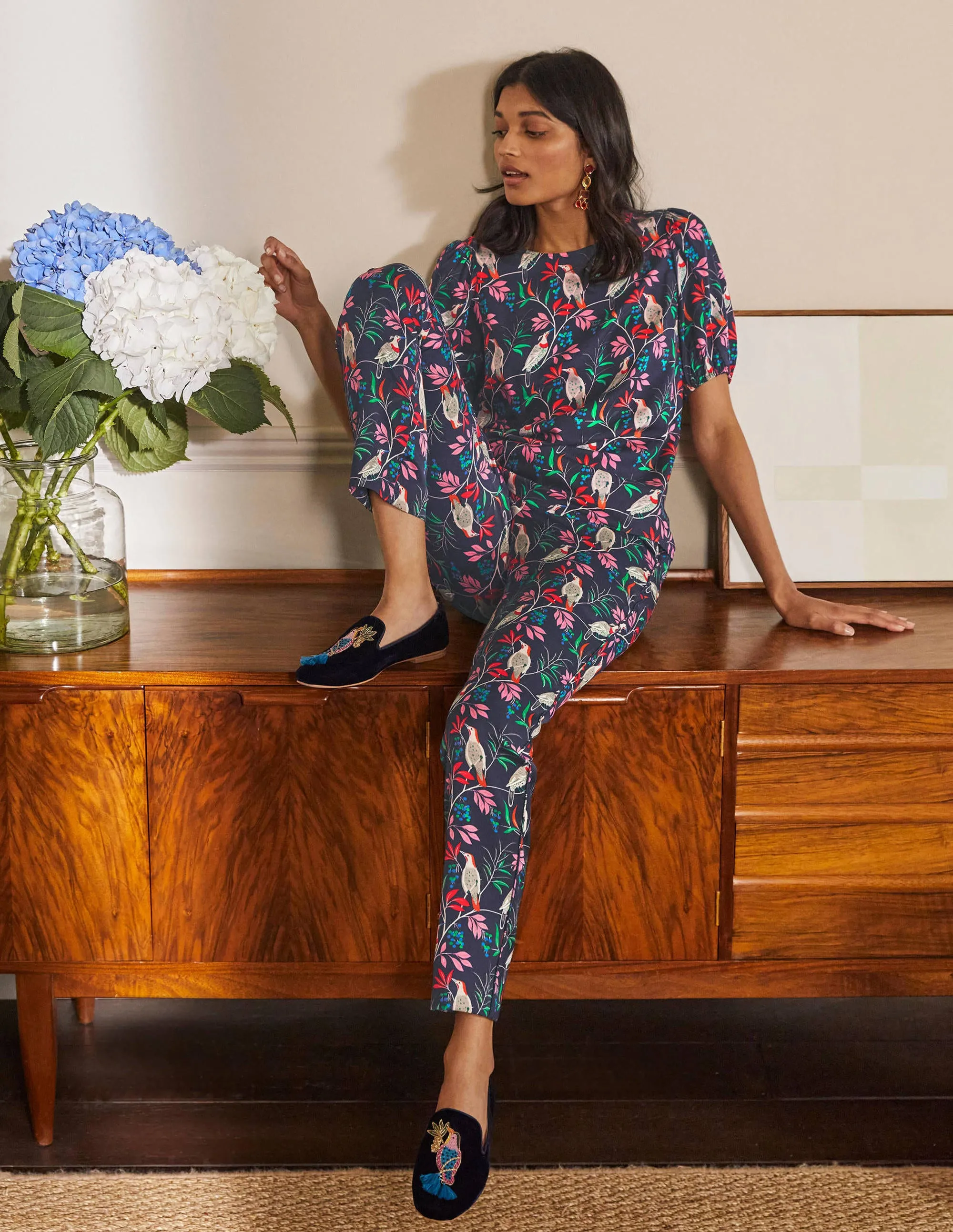 Ludlow Satin Trousers-French Navy, Berry Bird