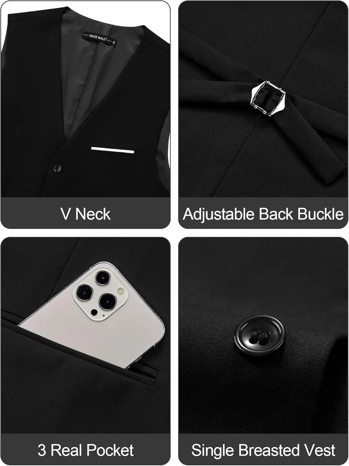 MAGE MALE Men's Suit Vests Casual Formal Dress Vest Business Slim Fit Waistcoat Vest with 3 Real Pockets for Suits Tuxedo