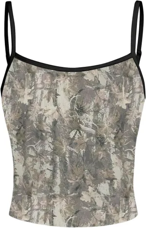 MakeMeChic Women's Camo Camisole Leaf Print Spaghetti Strap Racerback Y2K Cami Crop Tops