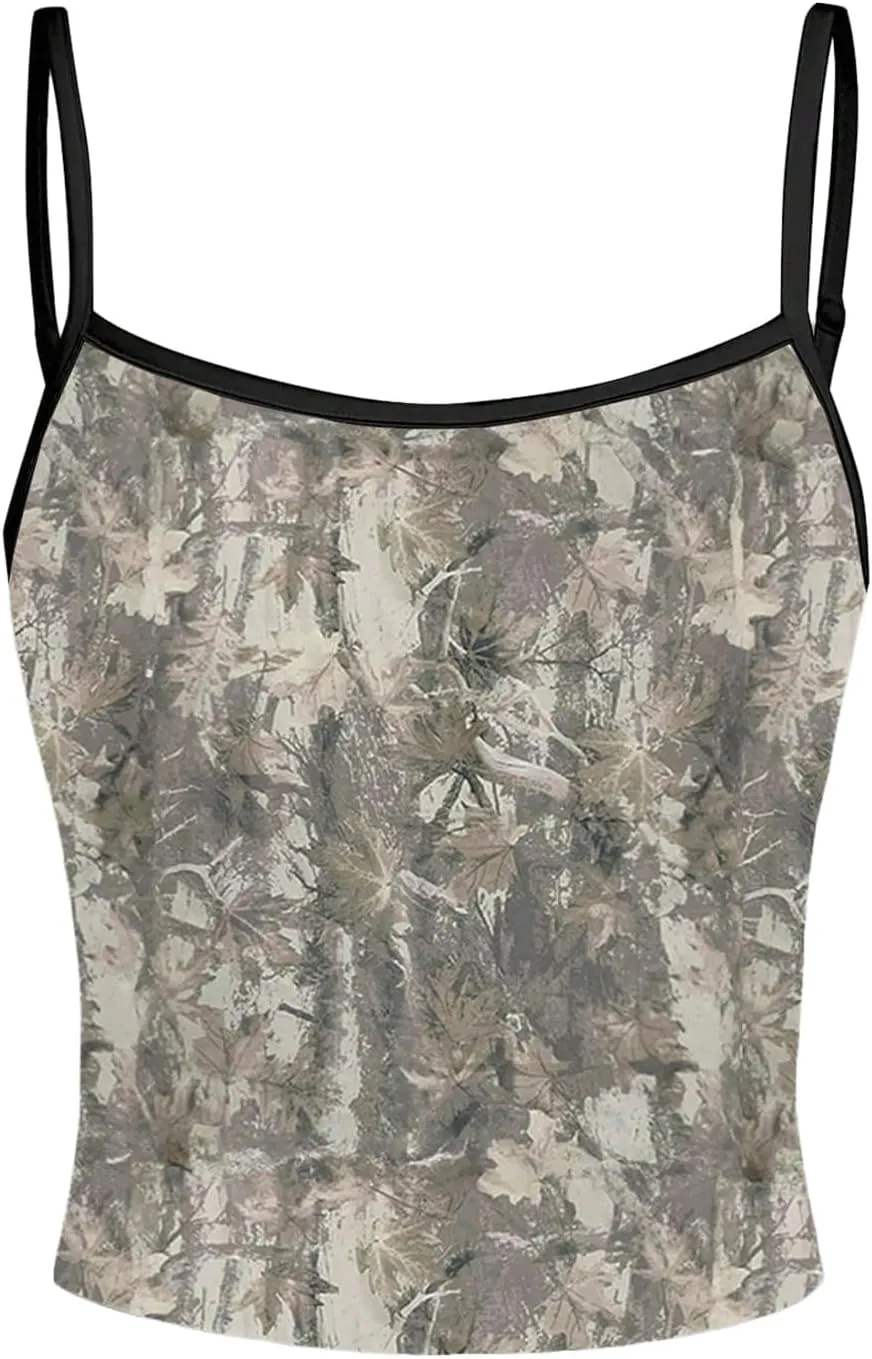 MakeMeChic Women's Camo Camisole Leaf Print Spaghetti Strap Racerback Y2K Cami Crop Tops