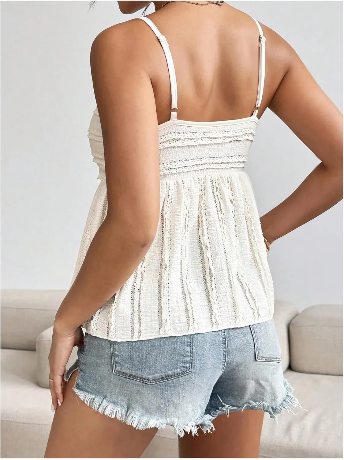 MakeMeChic Women's Floral Lace Cami Spaghetti Strap Camisole Flared Hem Ruched Summer Top