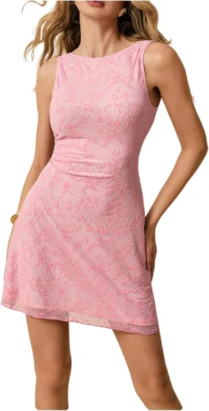 MakeMeChic Women's Floral Lace Dress Crew Neck Backless Tank Sleeveless Mini Dresses