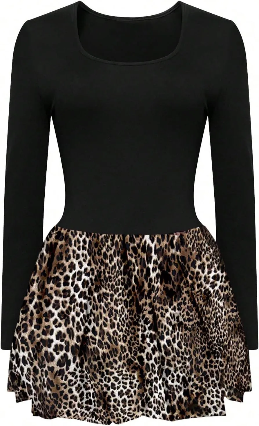 MakeMeChic Women's Leopard Print Square Neck Long Sleeve Bubble Dress Ruffle Hem Party Mini Dresses