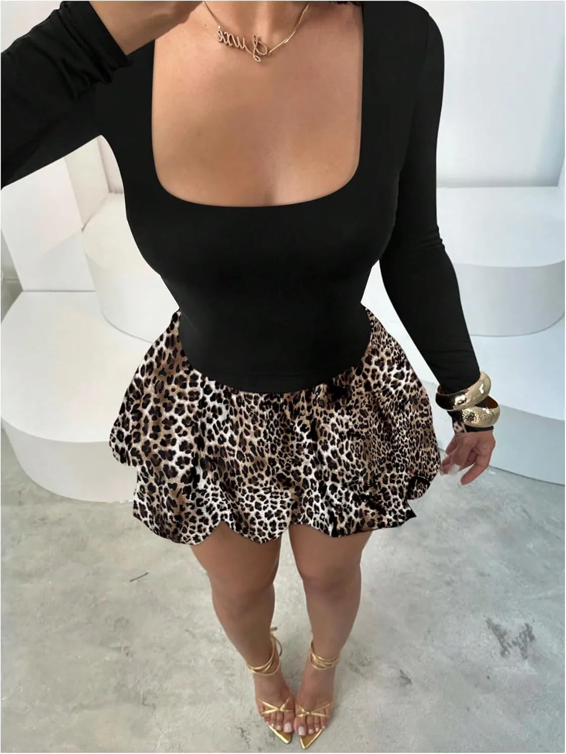 MakeMeChic Women's Leopard Print Square Neck Long Sleeve Bubble Dress Ruffle Hem Party Mini Dresses