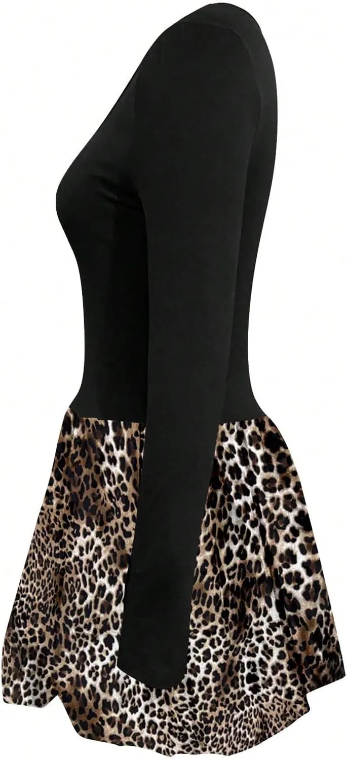 MakeMeChic Women's Leopard Print Square Neck Long Sleeve Bubble Dress Ruffle Hem Party Mini Dresses
