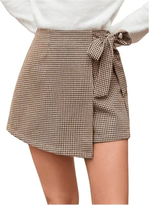 MakeMeChic Women's Plaid Shorts Wrap Front Bow Knot Tie Side Work Office Skort Short