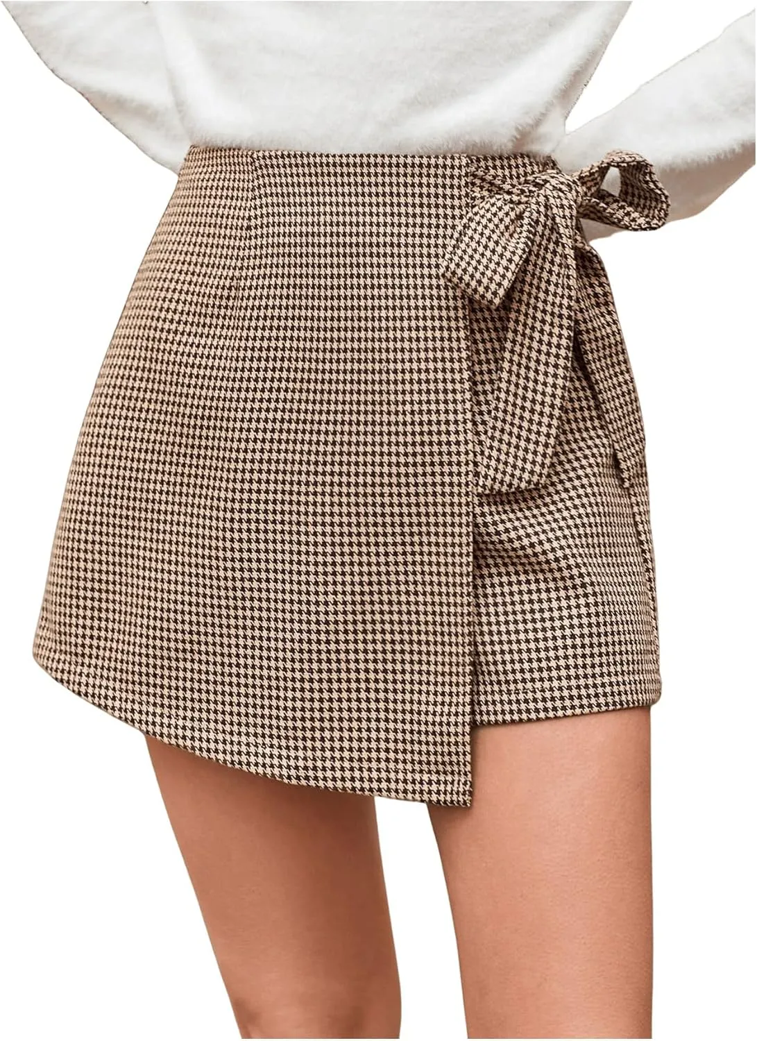 MakeMeChic Women's Plaid Shorts Wrap Front Bow Knot Tie Side Work Office Skort Short
