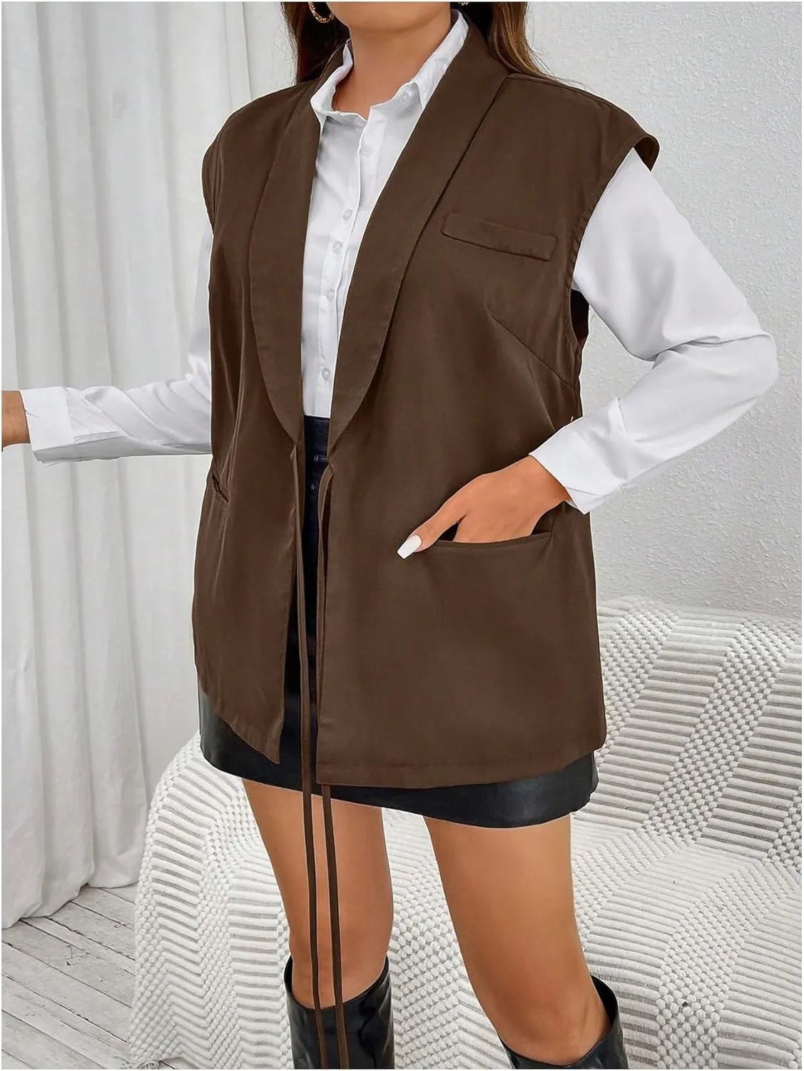 MakeMeChic Women's Plus Size PU Leather Tie Front Sleeveless Vest Lapel Blazer Jacket
