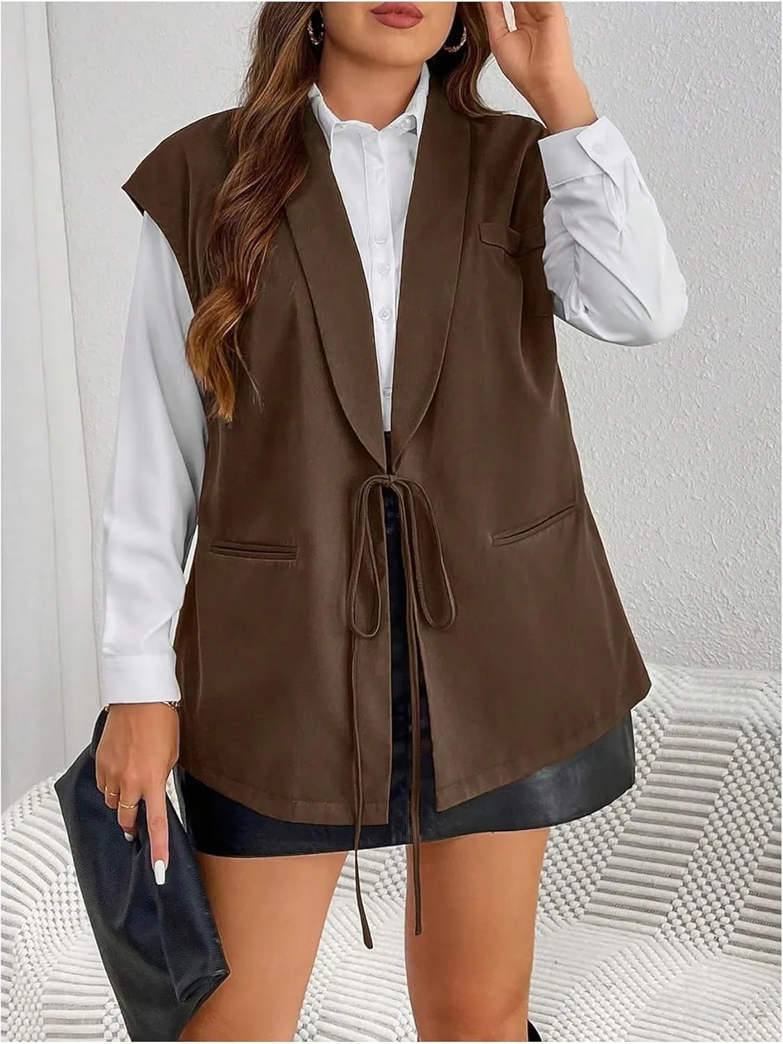 MakeMeChic Women's Plus Size PU Leather Tie Front Sleeveless Vest Lapel Blazer Jacket