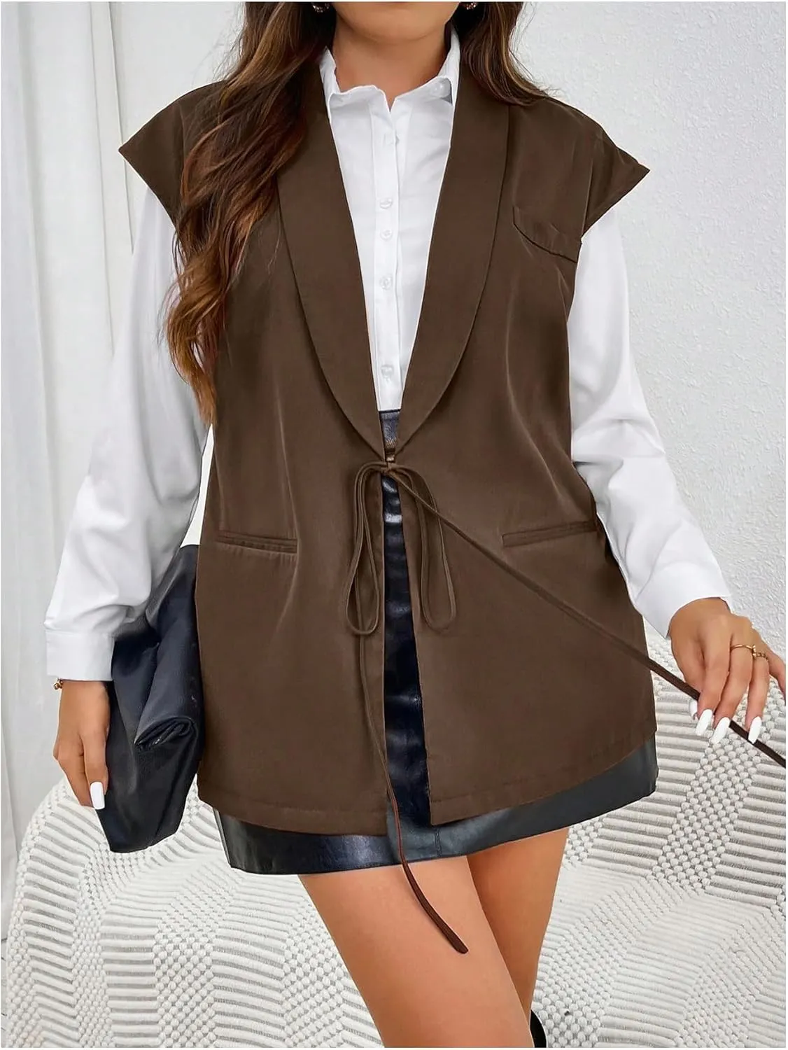 MakeMeChic Women's Plus Size PU Leather Tie Front Sleeveless Vest Lapel Blazer Jacket