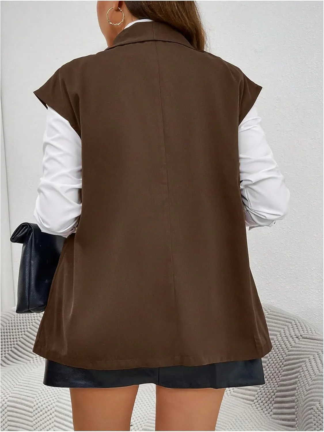 MakeMeChic Women's Plus Size PU Leather Tie Front Sleeveless Vest Lapel Blazer Jacket
