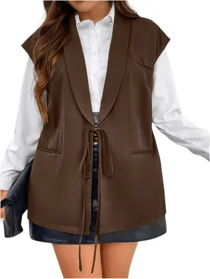 MakeMeChic Women's Plus Size PU Leather Tie Front Sleeveless Vest Lapel Blazer Jacket