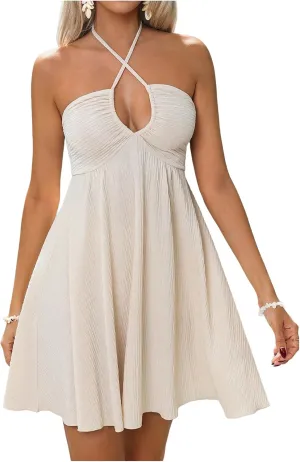 MakeMeChic Women's Summer Halter Dress Cut Out Tie Backless Criss Cross Flowy Short Dresses Sundress
