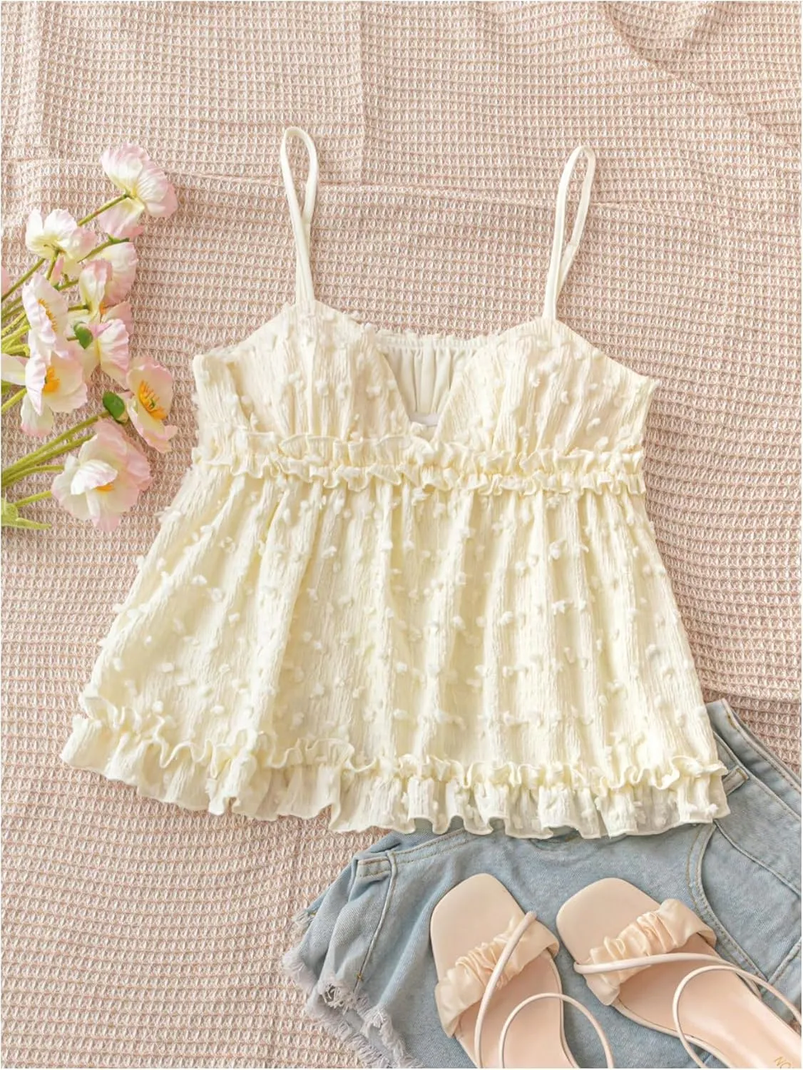 MakeMeChic Women's V Neck Spaghetti Strap Camisole Sleeveless Ruffle Hem Y2K Tank Tops