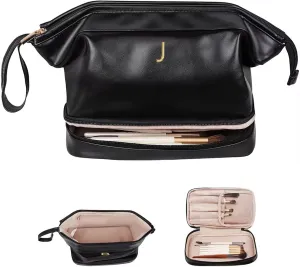 Makeup Bag for Women, Personalized Double Layer Cosmetic Bag with Makeup Brush Organizer, Waterproof, Large Capacity PU Leather Travel Toiletry Bag Gift Gift for MomPersonalized Gifts