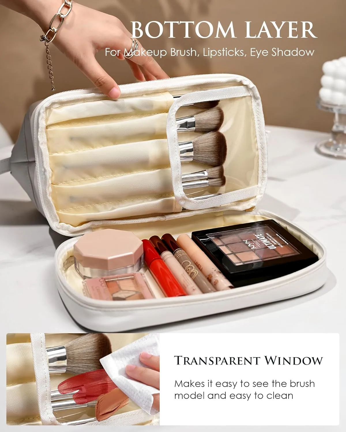 Makeup Bag for Women, Personalized Double Layer Cosmetic Bag with Makeup Brush Organizer, Waterproof, Large Capacity PU Leather Travel Toiletry Bag Gift Gift for MomPersonalized Gifts
