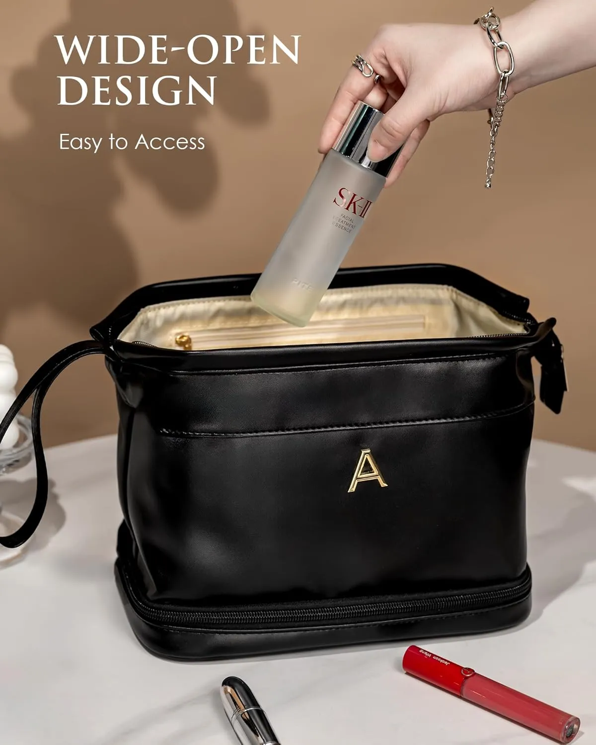 Makeup Bag for Women, Personalized Double Layer Cosmetic Bag with Makeup Brush Organizer, Waterproof, Large Capacity PU Leather Travel Toiletry Bag Gift Gift for MomPersonalized Gifts