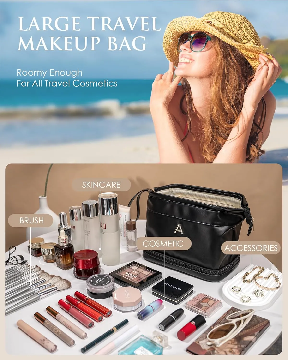Makeup Bag for Women, Personalized Double Layer Cosmetic Bag with Makeup Brush Organizer, Waterproof, Large Capacity PU Leather Travel Toiletry Bag Gift Gift for MomPersonalized Gifts
