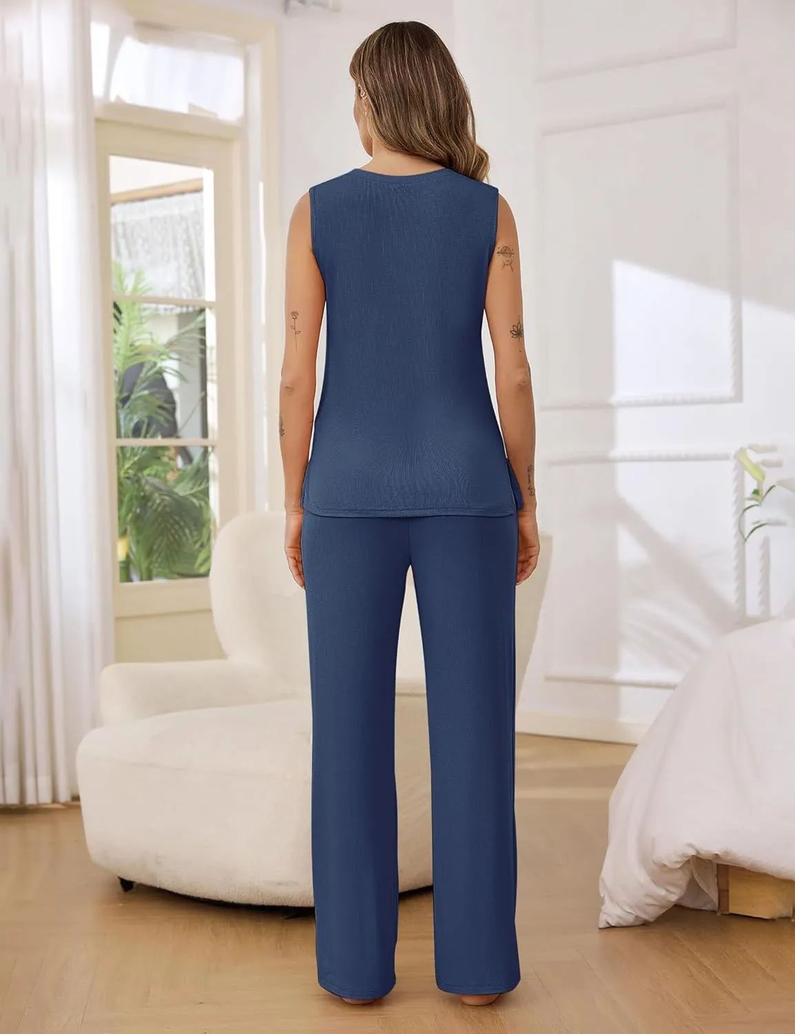 Marvmys Women's Pajamas Sleeveless Summer Lounge Set Ribbed Knit Pj Loungewear Soft Tank Sleepwear Nightwear