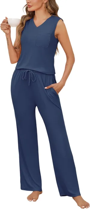 Marvmys Women's Pajamas Sleeveless Summer Lounge Set Ribbed Knit Pj Loungewear Soft Tank Sleepwear Nightwear