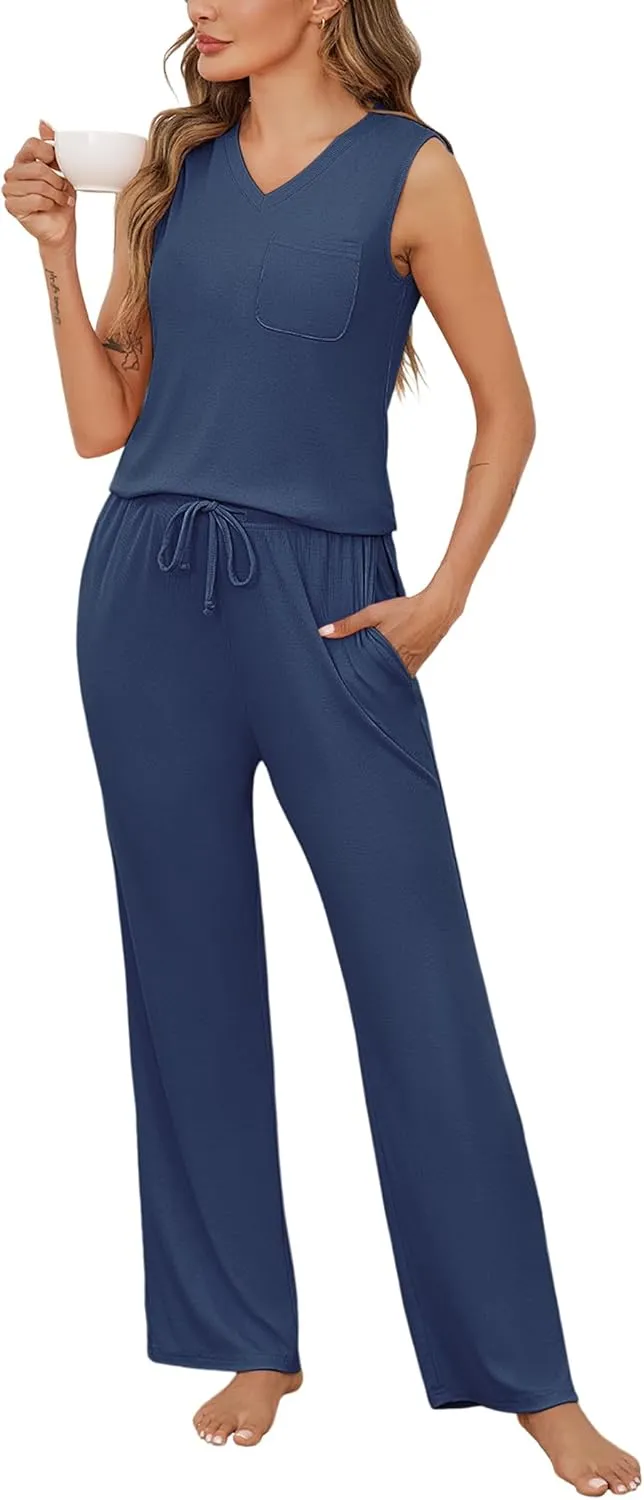 Marvmys Women's Pajamas Sleeveless Summer Lounge Set Ribbed Knit Pj Loungewear Soft Tank Sleepwear Nightwear