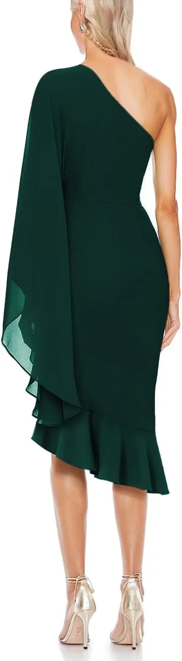 MAYFASEY Women's Sexy One Shoulder Dress Cape Sleeve Ruffle Hem High Split Bodycon Formal Cocktail Party Evening Dress
