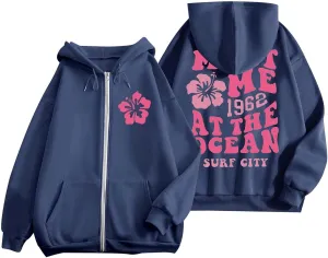 Meet Me at The Ocean Hoodies for Women Casual Letter Graphic Zip Up Hoodie with Pockets Drawstring Y2K Hooded Sweatshirts
