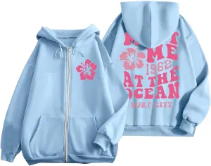 Meet Me at The Ocean Hoodies for Women Casual Letter Graphic Zip Up Hoodie with Pockets Drawstring Y2K Hooded Sweatshirts