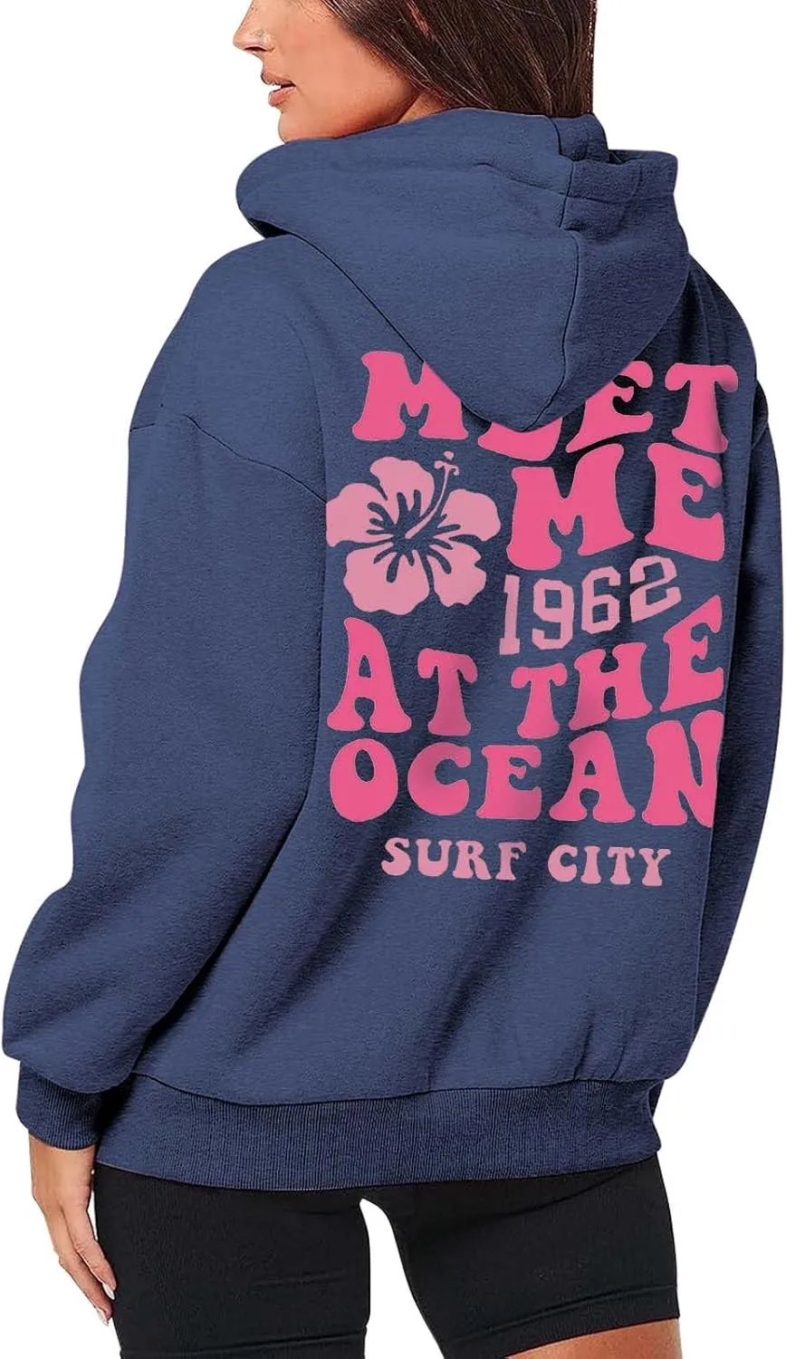 Meet Me at The Ocean Hoodies for Women Casual Letter Graphic Zip Up Hoodie with Pockets Drawstring Y2K Hooded Sweatshirts