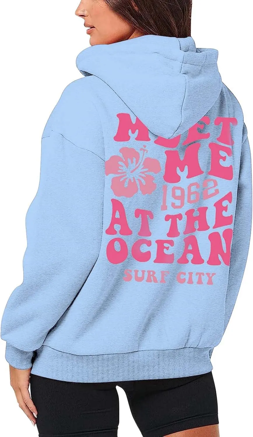 Meet Me at The Ocean Hoodies for Women Casual Letter Graphic Zip Up Hoodie with Pockets Drawstring Y2K Hooded Sweatshirts