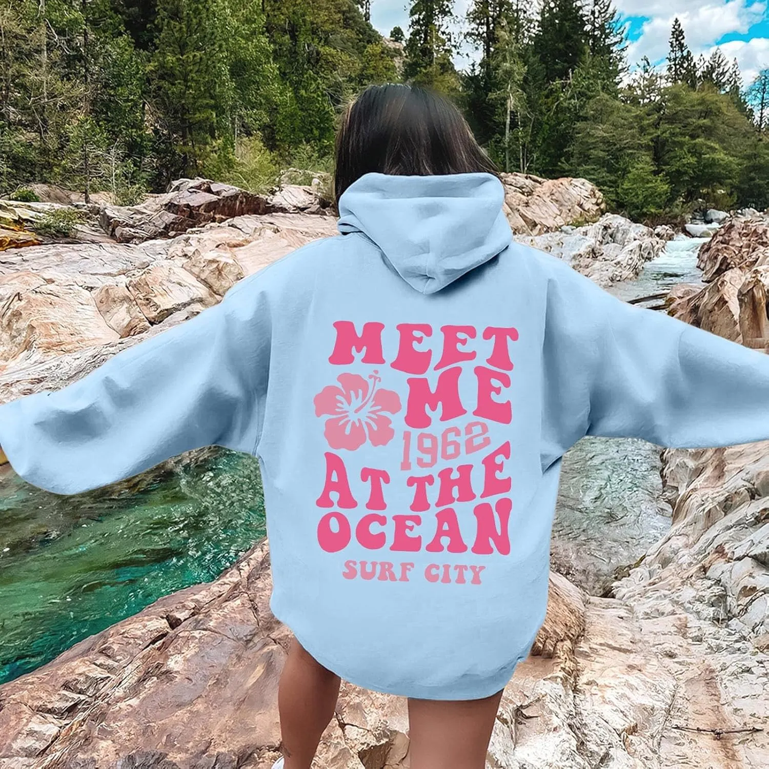 Meet Me At The Ocean Hoodies For Women Long Sleeve Hooded Sweatshirts With Pocket Drawstring Pullover Top Fall, Large