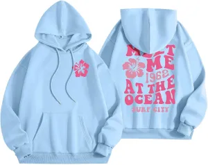 Meet Me At The Ocean Hoodies For Women Long Sleeve Hooded Sweatshirts With Pocket Drawstring Pullover Top Fall, Large