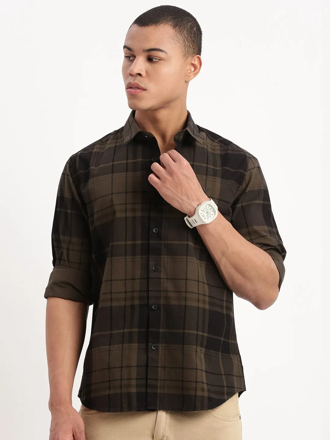 Men Olive Standard Slim Fit Tartan Checks Cotton Casual Shirt
