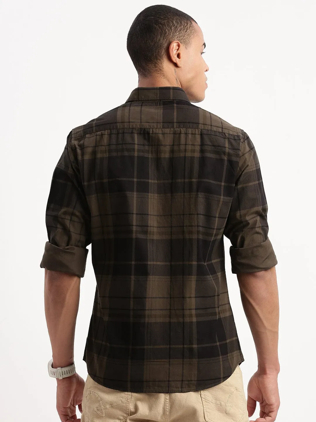 Men Olive Standard Slim Fit Tartan Checks Cotton Casual Shirt