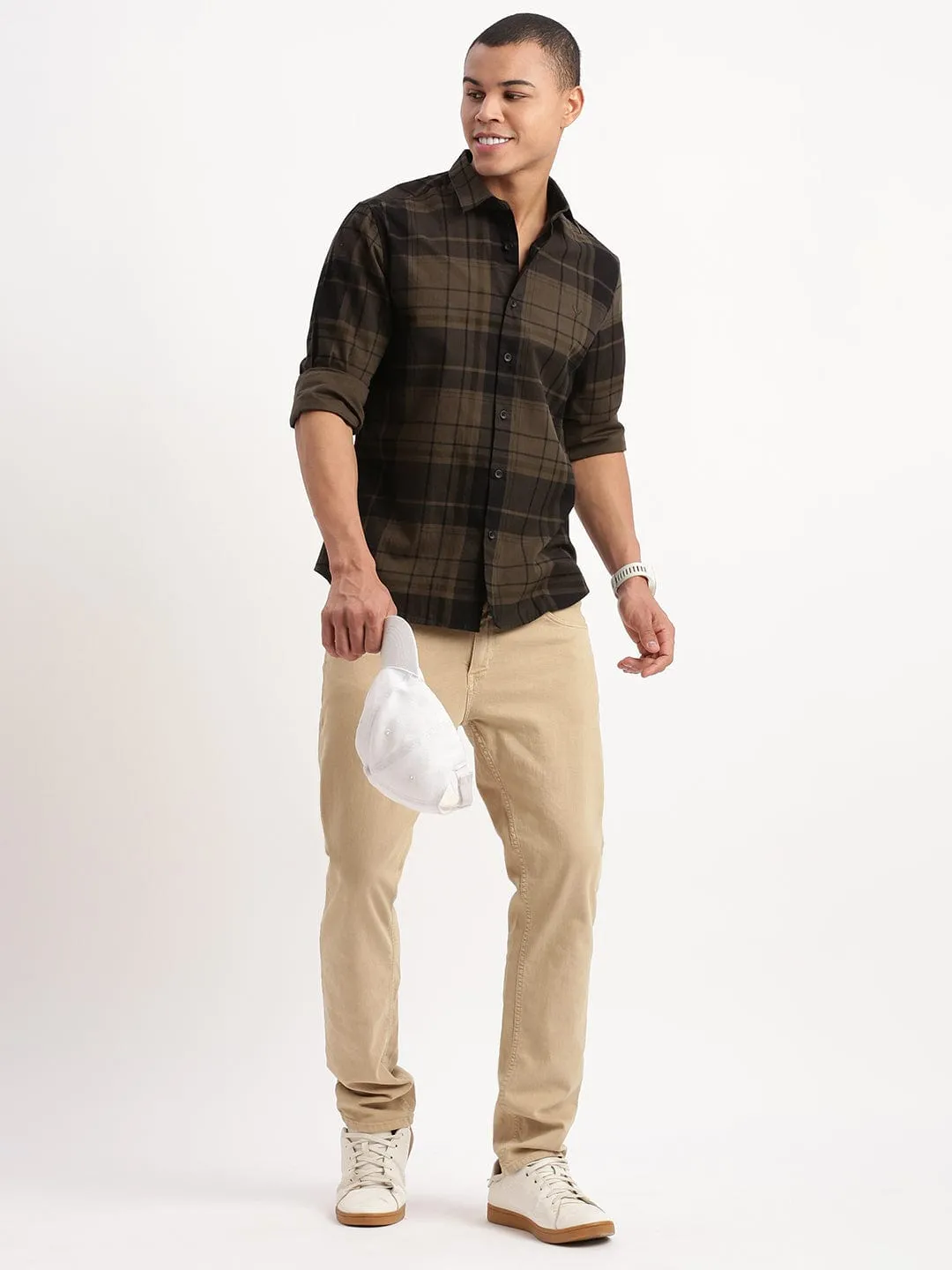 Men Olive Standard Slim Fit Tartan Checks Cotton Casual Shirt