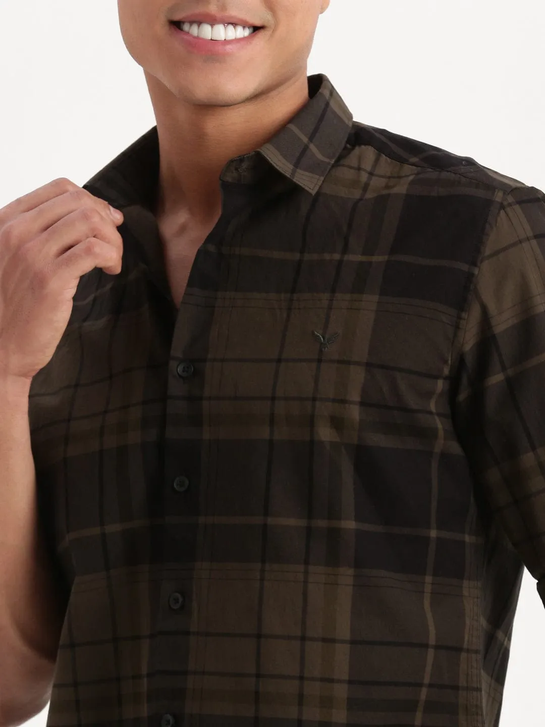 Men Olive Standard Slim Fit Tartan Checks Cotton Casual Shirt
