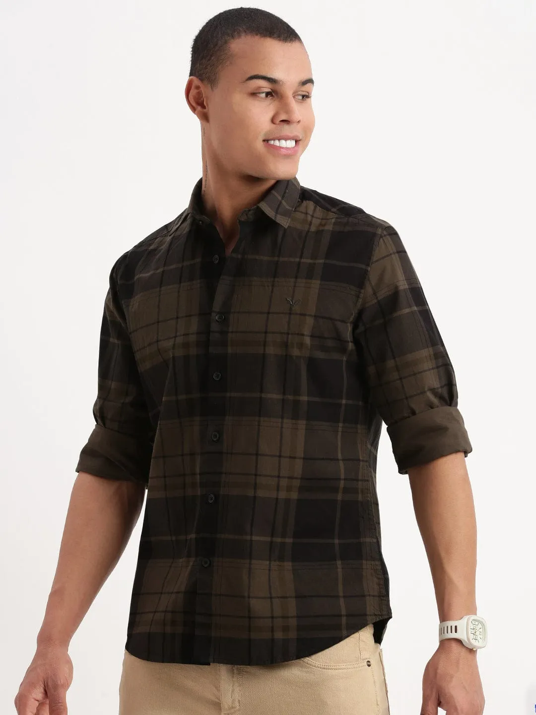 Men Olive Standard Slim Fit Tartan Checks Cotton Casual Shirt