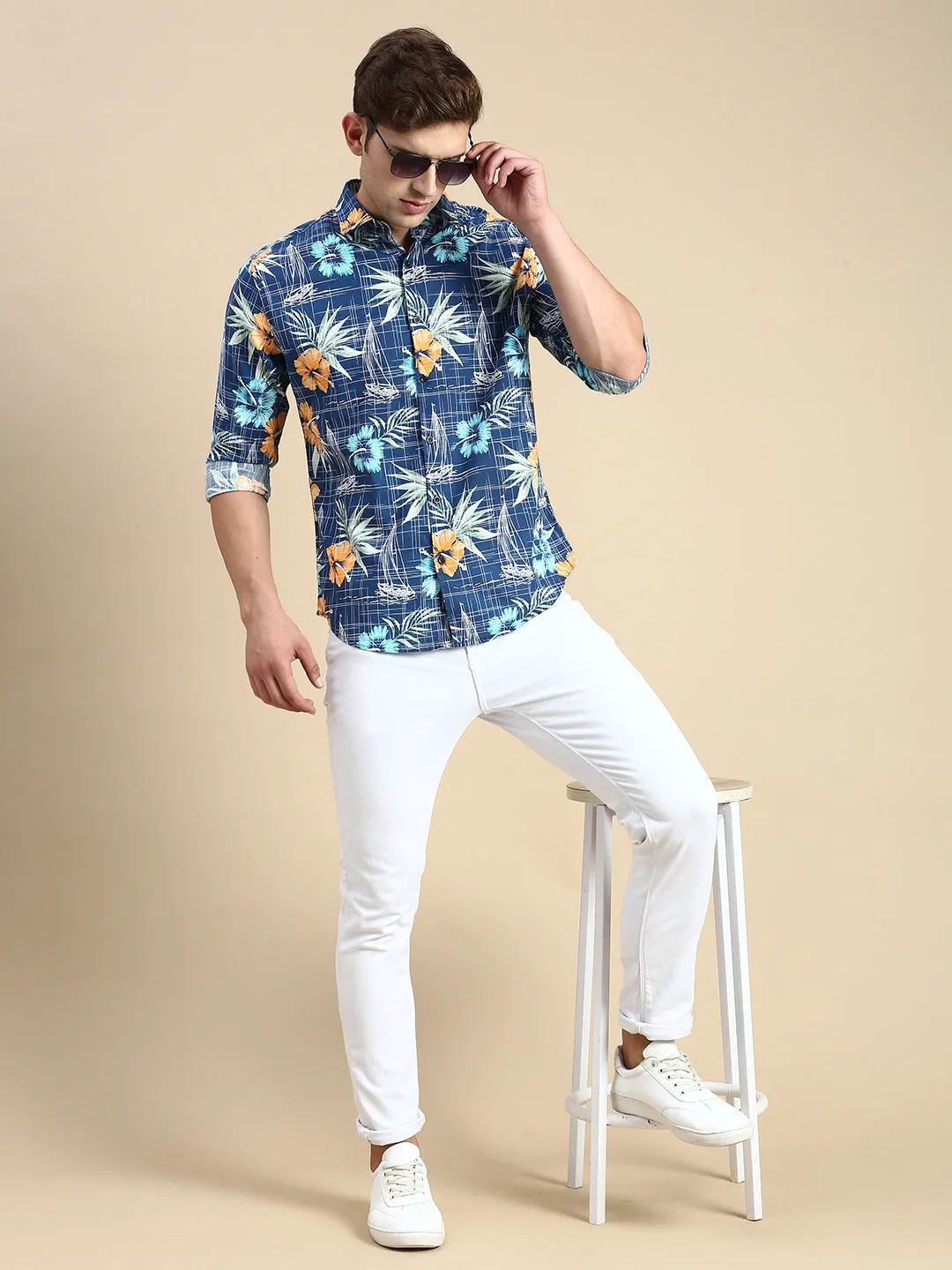 Men Teal Floral Printed Premium Slim Fit Cotton Casual Shirt