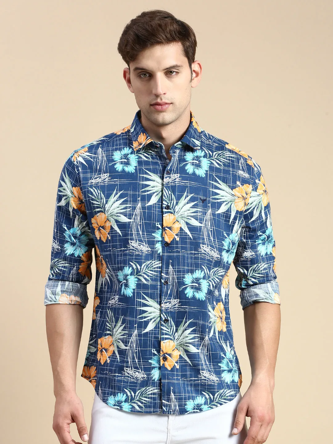 Men Teal Floral Printed Premium Slim Fit Cotton Casual Shirt