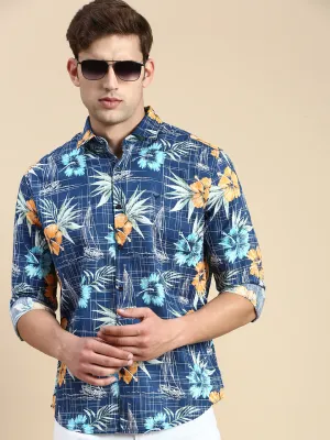 Men Teal Floral Printed Premium Slim Fit Cotton Casual Shirt