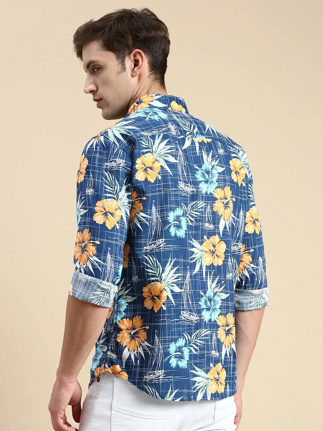 Men Teal Floral Printed Premium Slim Fit Cotton Casual Shirt