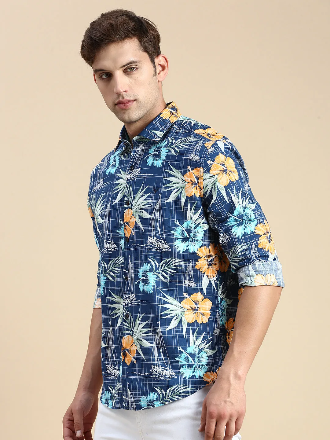 Men Teal Floral Printed Premium Slim Fit Cotton Casual Shirt