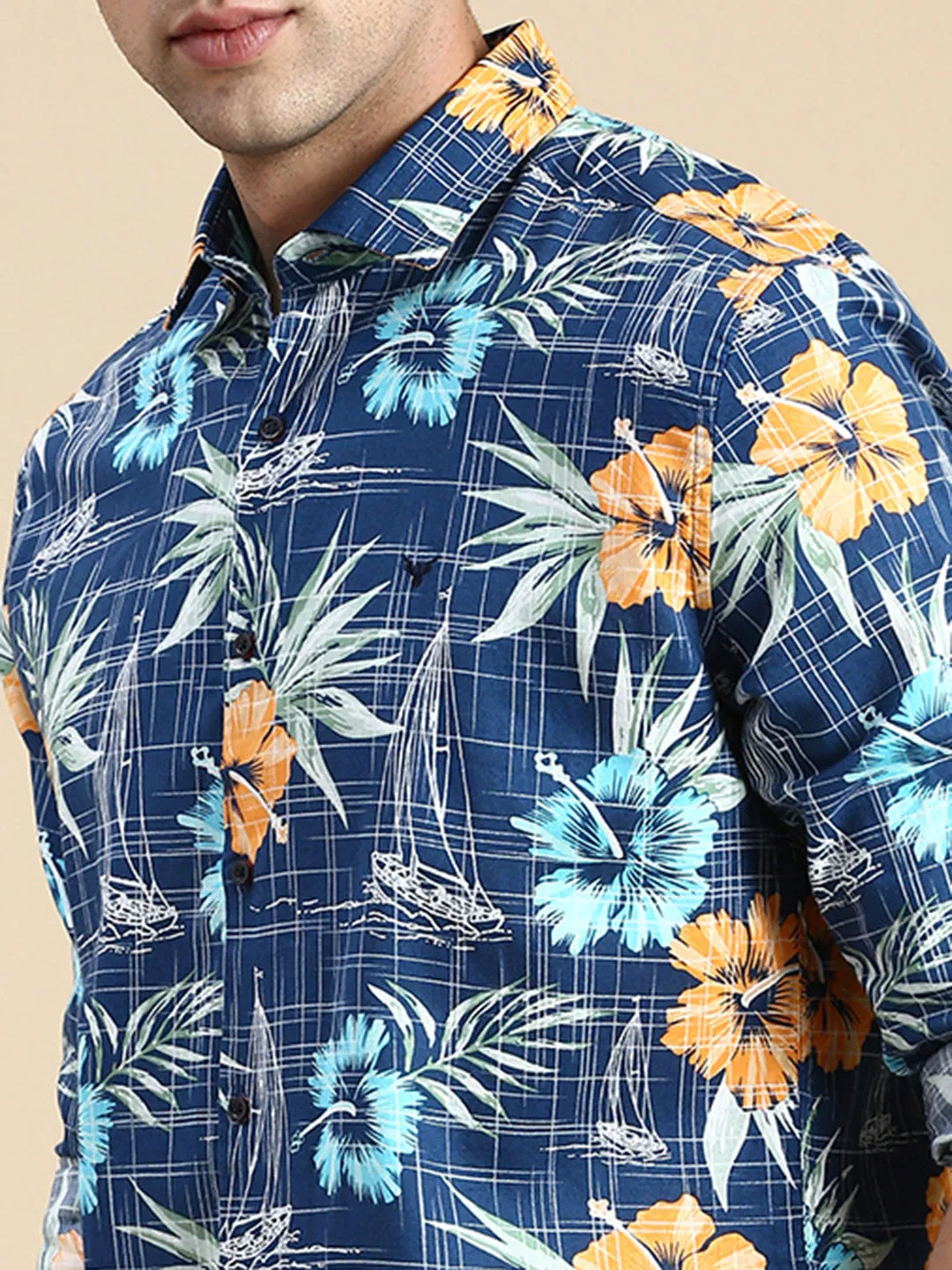 Men Teal Floral Printed Premium Slim Fit Cotton Casual Shirt