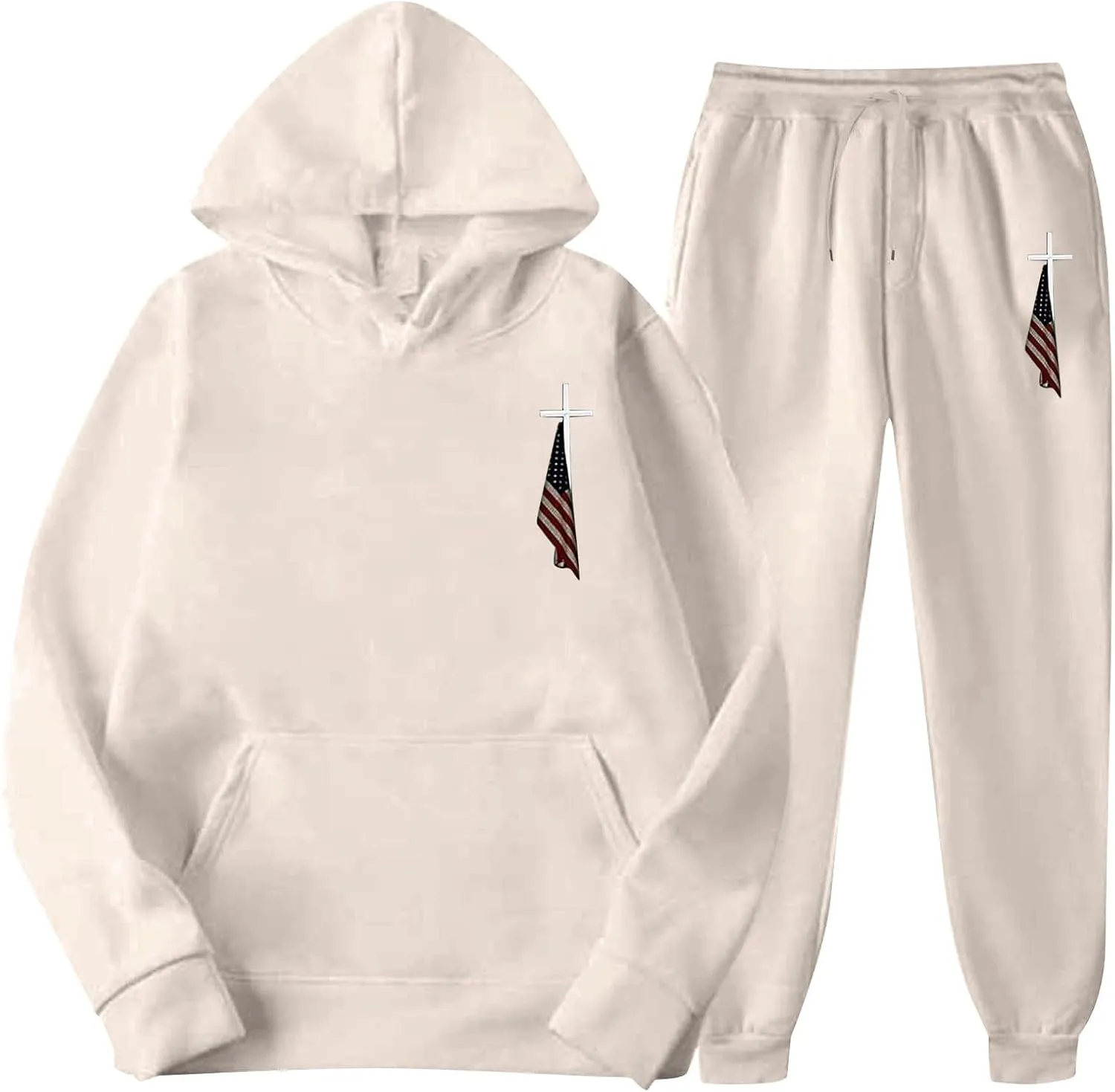 Men's American Flag 2 Piece Set Long Sleeve Kangaroo Pocket Hoodie Sweatshirt Long Pants Gym Running Loose Fit Lounge Wear