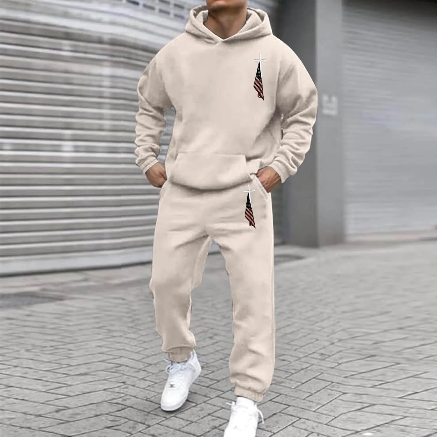 Men's American Flag 2 Piece Set Long Sleeve Kangaroo Pocket Hoodie Sweatshirt Long Pants Gym Running Loose Fit Lounge Wear