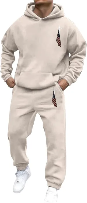 Men's American Flag 2 Piece Set Long Sleeve Kangaroo Pocket Hoodie Sweatshirt Long Pants Gym Running Loose Fit Lounge Wear