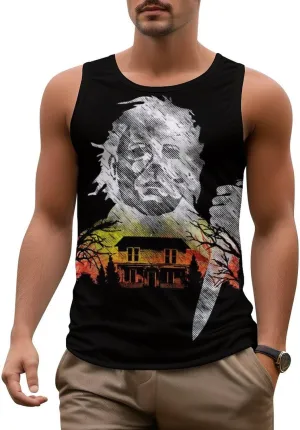Mens Beach Tank Tops Halloween Michael Myers Sleeveless Lightweight Shirts Summer Running Athletic Swim Shirts