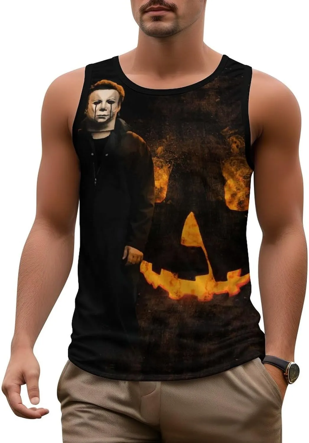 Mens Beach Tank Tops Halloween Michael Myers Sleeveless Lightweight Shirts Summer Running Athletic Swim Shirts