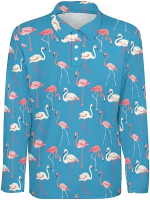 Mens Flamingos Polo Shirts Quick-Dry Moisture Wicking 3D Print Long Sleeve Golf Shirts