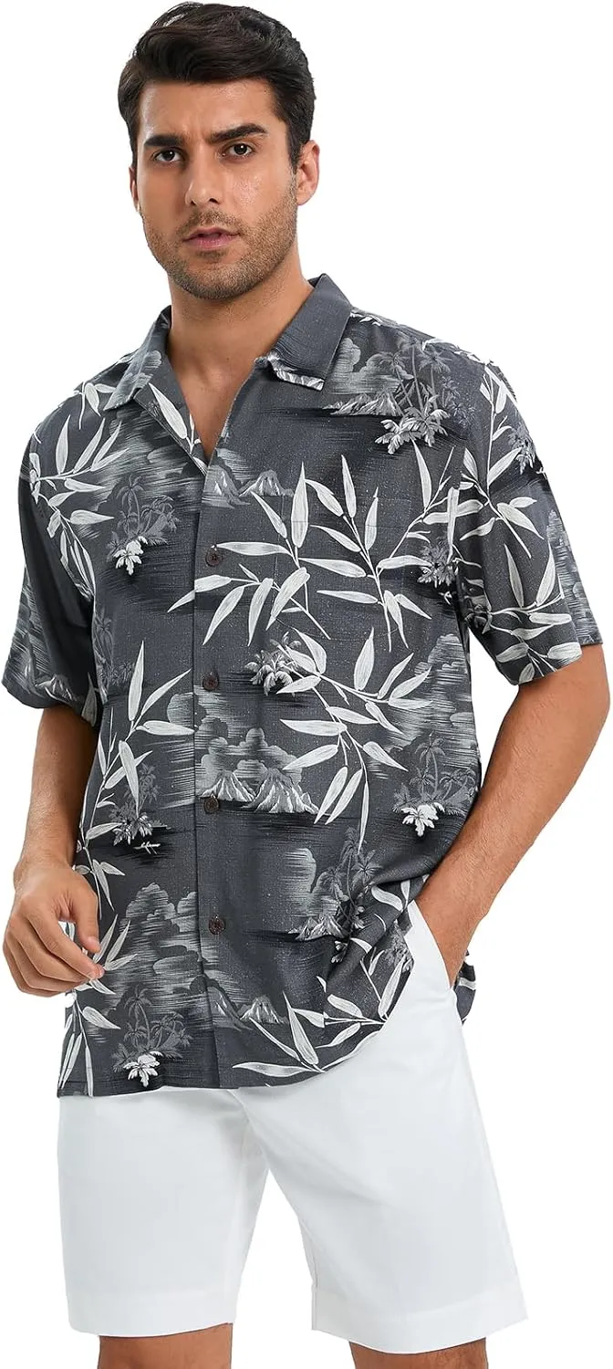 Men's Hawaiian Shirts Silk and Cotton Blend Button Down Short Sleeve Tropical Print Camp Shirts
